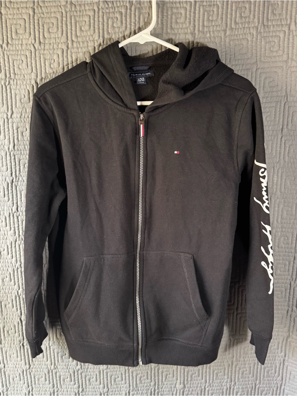 Tommy Hilfiger Boys Full Zip Fleece Hoodie Black Youth Large 14 16 Sleeve Logo
